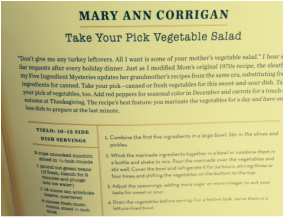 Page from the MWA Cookbook with Mary Ann Corrigan's vegetable salad recipe