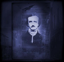 Edgar Allan Poe image against a shadowy background