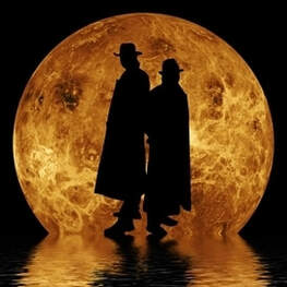 Silhouettes of two men, both in overcoats and rimmed hats against a gold background
