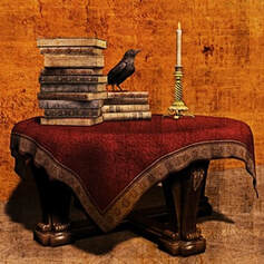 An antique table with books stacked on it, a raven, and a candle