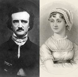 Portrait of Poe next to a portrait of Jane Austen