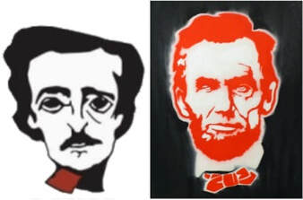 Drawings of Poe and Lincoln, both with red ties