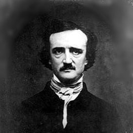 A Poe black-and-white portrait with a dark background