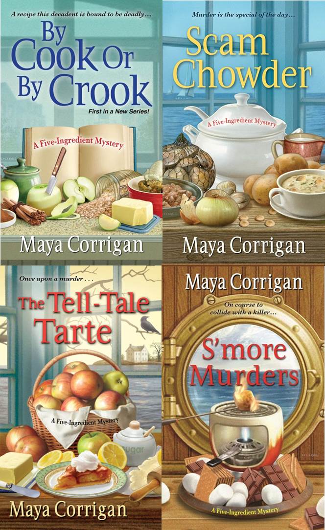 Book covers of By Cook or by Crook, Scam Chowder, The Tell-Tale Tarte, and S'more Murders by Maya Corrigan