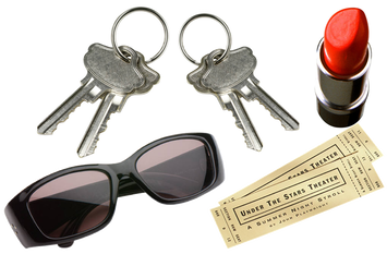 Two keyrings, lipstick, two theater tickets, sunglasses