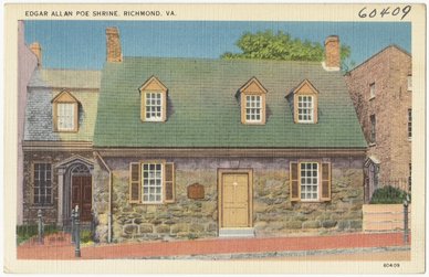 Postcard illustration of the stone building housing the Edgar Allan Poe Museum in Richmond, Virginia