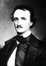 Image of Poe with dark curls, brows, and mustache