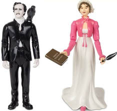Poe action figure with raven on his shoulder and Austen action figure with a book in one hand and a quill pen in the other