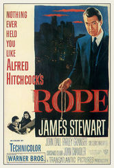 Poster for Alfred Hitchcock's movie, Rope, with star James Stewart holding a length of rope