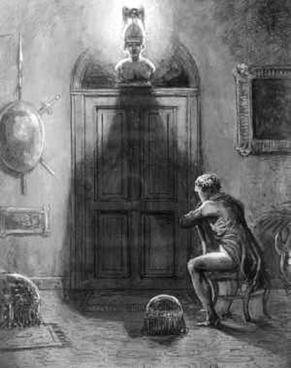  A brooding man sitting in front of a door. Illustration of Poe's 
