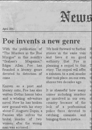 Image of a mock newspaper article headlined Poe invents a new genre