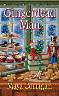 Book cover of Gingerdead Man by Maya Corrigan with images of holiday sweets, gingerbread men, an elf, and a copy of A Christmas Carol by Dickens
