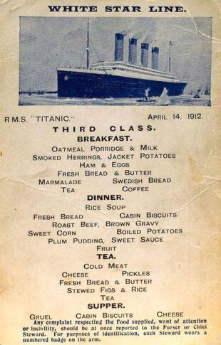 Menu for 3rd class passengers' meals on the Titanic, April 14, 1912
